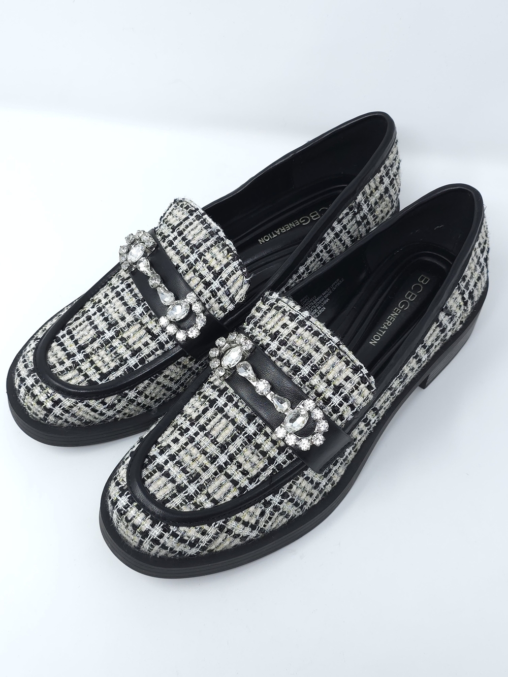 BCBGeneration Black & White Tweed Loafers with Crystal Chain Accent